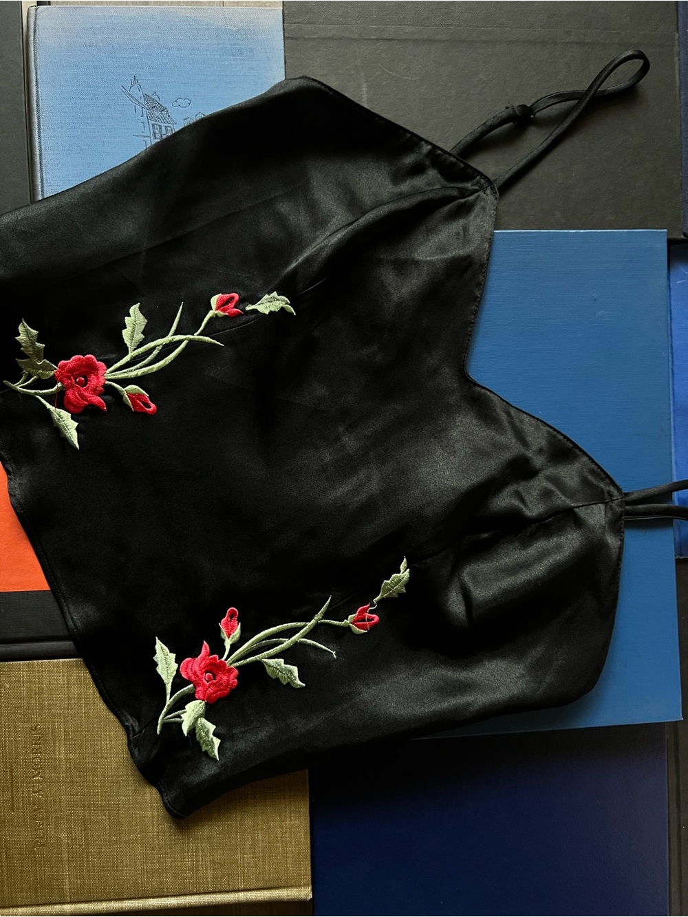 Vintage Black Satin Floral Embroidered Top